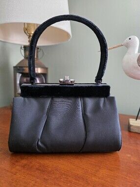 Franchi Vintage Black Satin Velvet Rhinestone Clasp Evening Bag Clutch